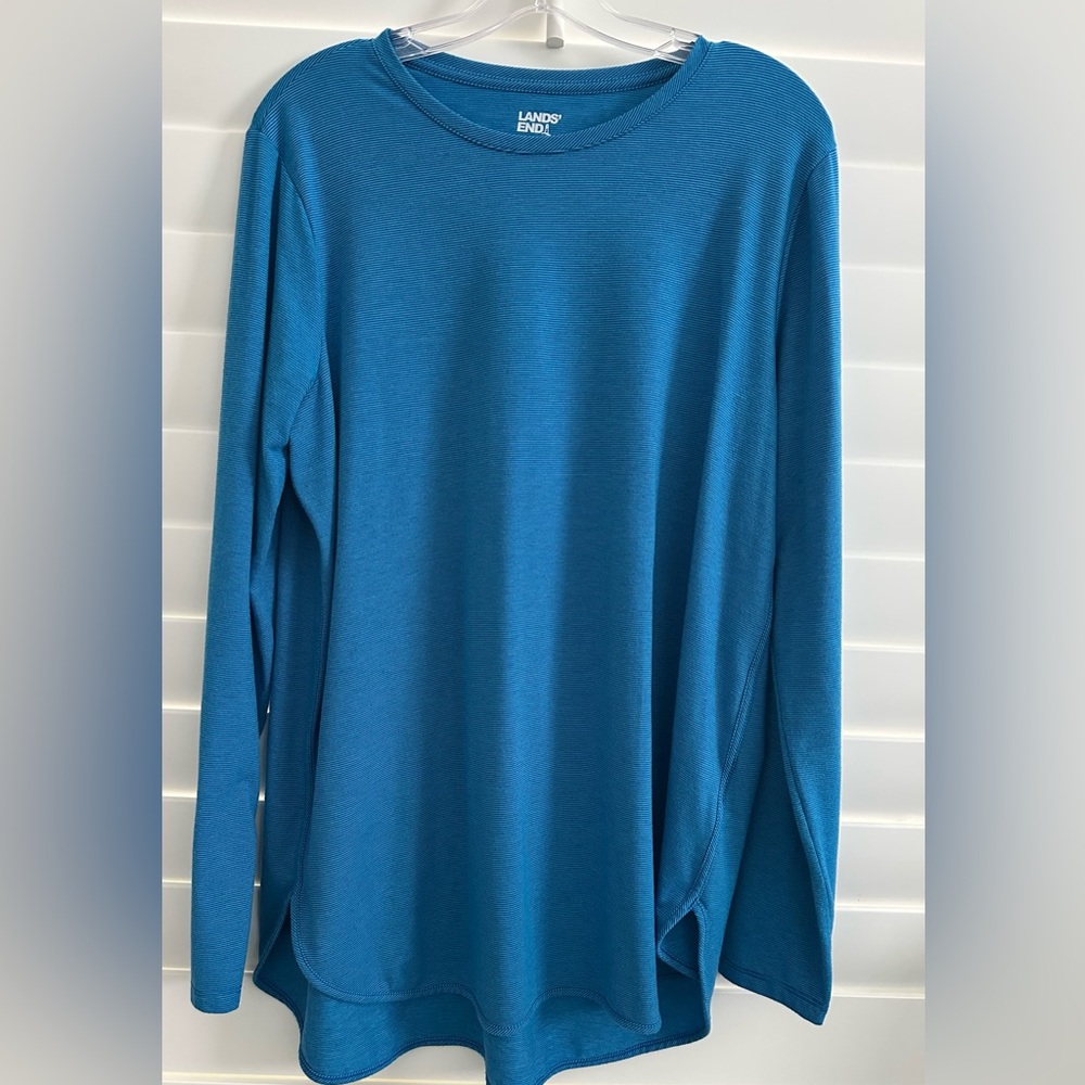 Lands End Cobalt Blue Pinstripe Moisture Wicking UPF 50 Sun LS Tunic Large Tall